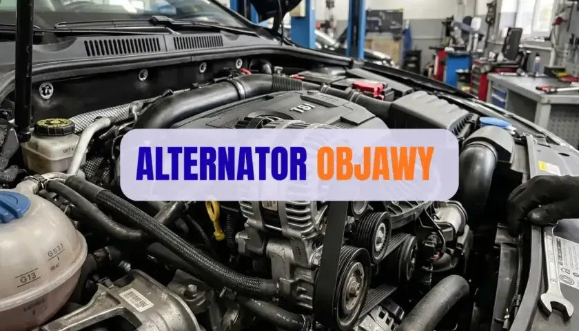 Silnik samochodowy z widocznym alternatorem. Napis "ALTERNATOR OBJAWY" sugeruje problemy z tym elementem. Stojan jest kluczowy dla jego działania.