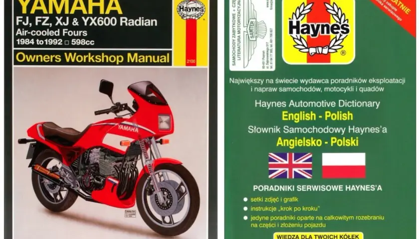 Okładka poradnika Haynes dla motocykli Yamaha FZ6, z czerwoną maszyną i słownikiem angielsko-polskim.