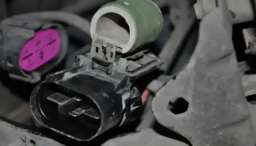 Zielony opornik ceramiczny z metalowymi zaciskami, podłączony do złącza elektrycznego.