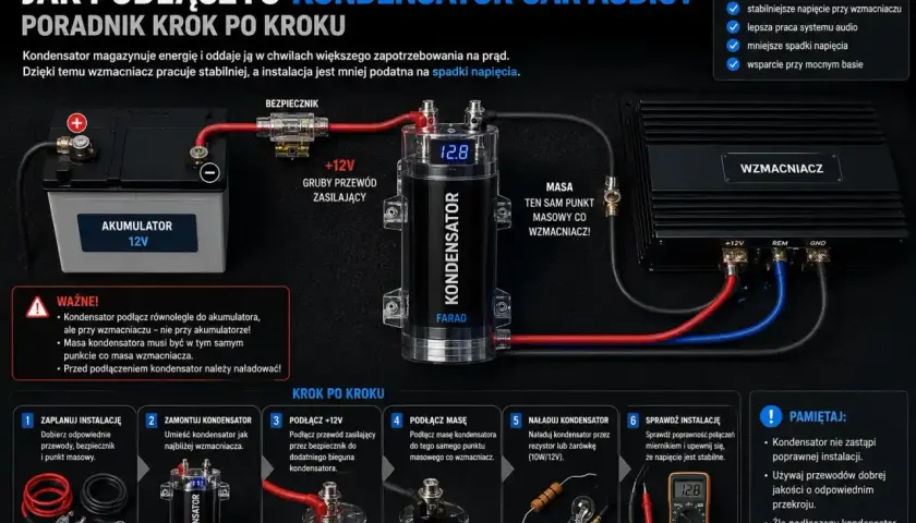 Schemat podłączenia kondensatora car audio. Pokazuje połączenie akumulatora, bezpiecznika, kondensatora i wzmacniacza.