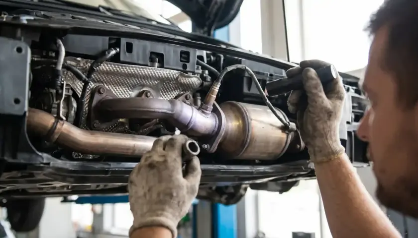 Mechanik sprawdza układ wydechowy Toyoty, szukając przyczyny błędu DTC P0420.