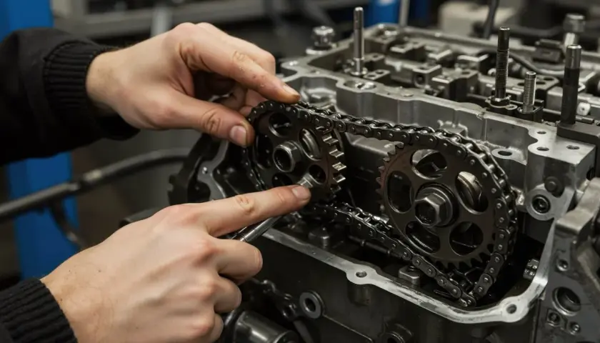 Mechanik precyzyjnie montuje łańcuch rozrządu. Sprawdź, jaka jest wymiana rozrządu cena i zadbaj o swój silnik.