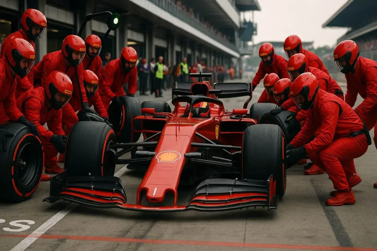 Zespół mechaników w czerwonych kombinezonach otacza bolid F1, gotowy do zmiany opon. Szybka akcja, jak w czasach Brawn GP.