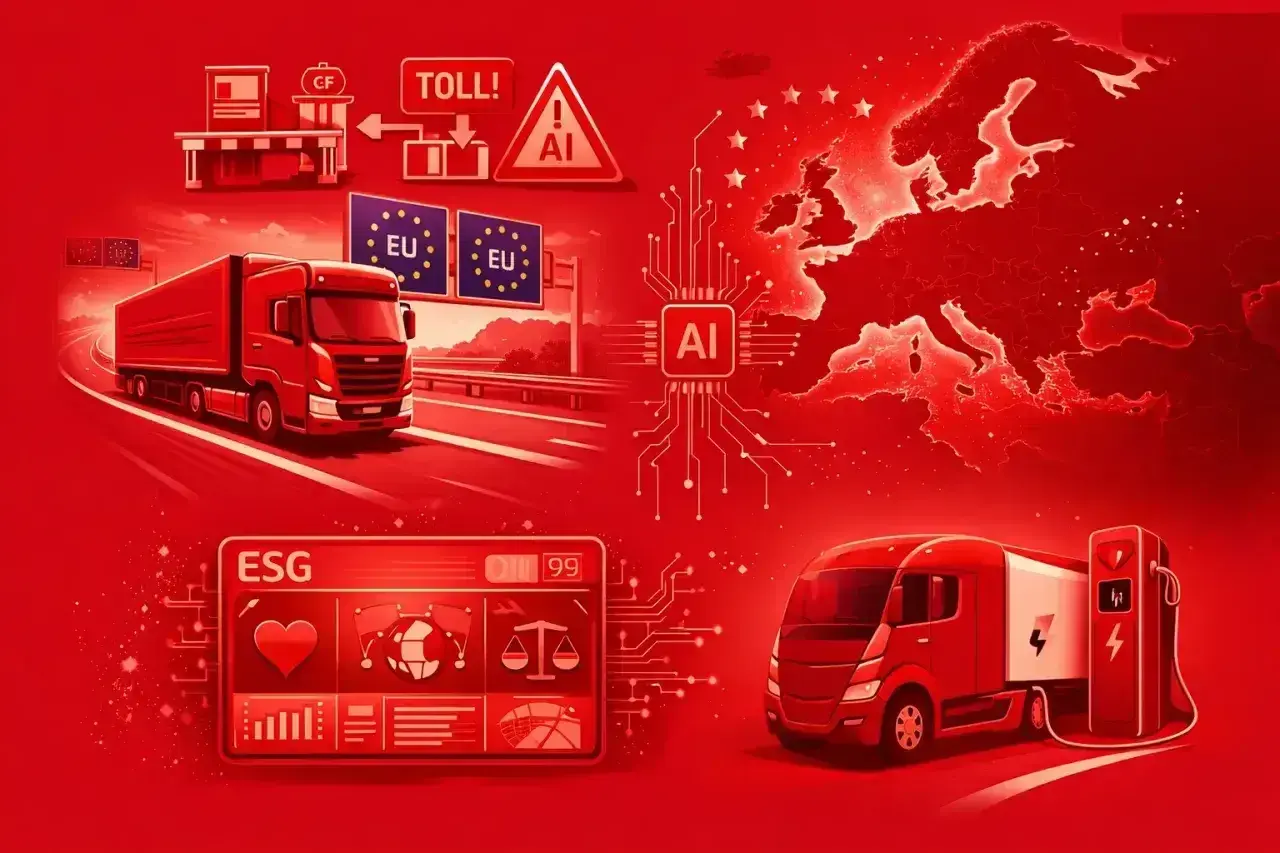Ciężarówki na drodze, znaki zakazu wyprzedzania, mapa Europy z AI, ładowanie elektrycznego pojazdu i wskaźniki ESG.