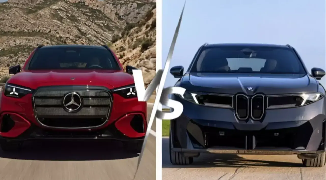 Czerwony Mercedes-Benz GLC i czarny BMW stoją naprzeciw siebie.