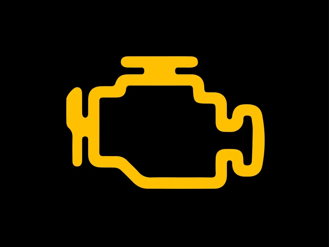 Żółty symbol silnika na czarnym tle. Migający check engine to znak, że coś jest nie tak z samochodem.