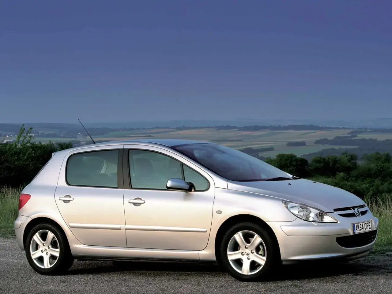 Srebrny Peugeot 307 2.0 HDI na tle malowniczego krajobrazu.
