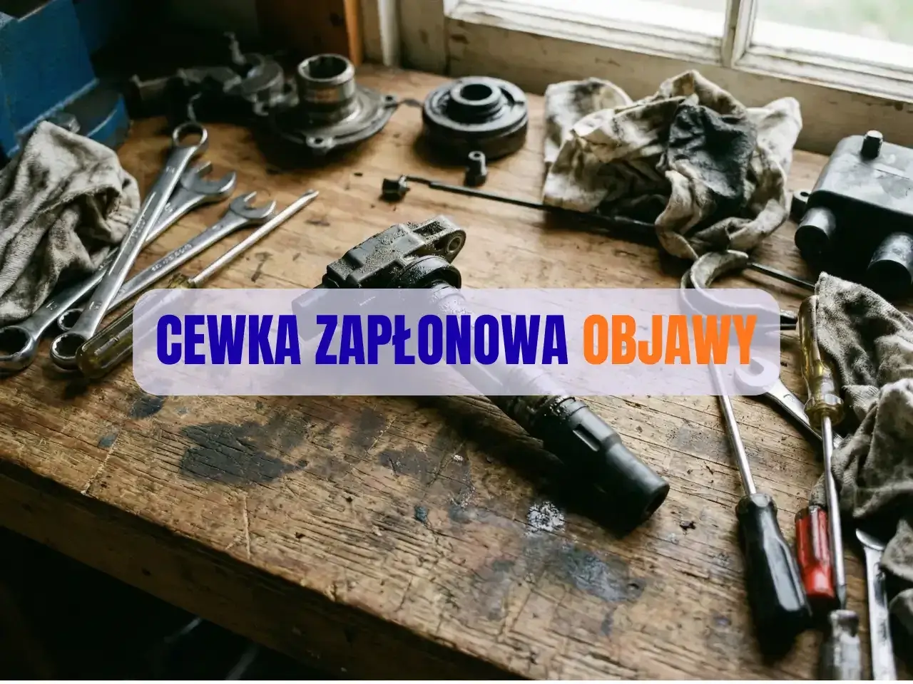Warsztat samochodowy z narzędziami i tekstem "CEWKA ZAPŁONOWA OBJAWY".
