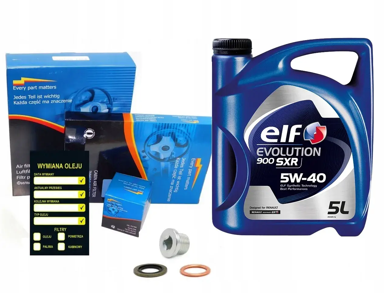 Zestaw do wymiany oleju dla Clio 6: olej Elf Evolution 900 SXR 5W-40, filtry powietrza, oleju, kabinowy, paliwa, naklejka serwisowa.