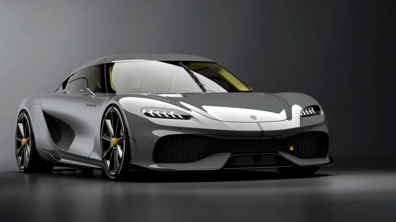 Szary Koenigsegg Gemera z żółtymi akcentami, prezentujący swoje sportowe linie i agresywny przód.