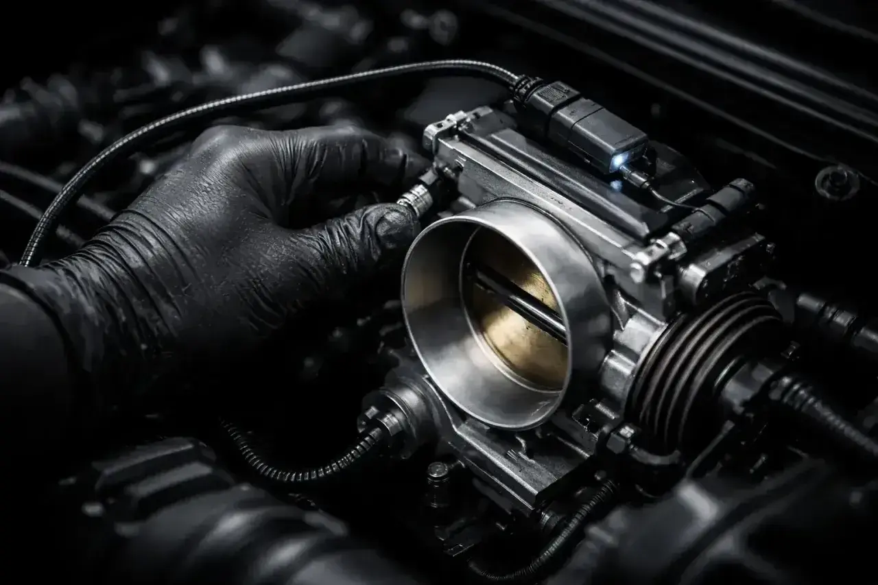 Mechanik w czarnej rękawiczce dokonuje adaptacji przepustnicy w silniku samochodowym.