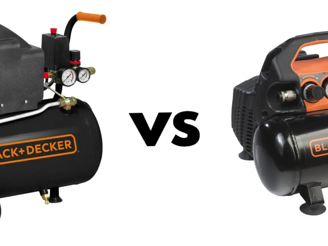 Dwa kompresory Black+Decker, jeden olejowy, drugi bezolejowy, z napisem "VS" pośrodku.