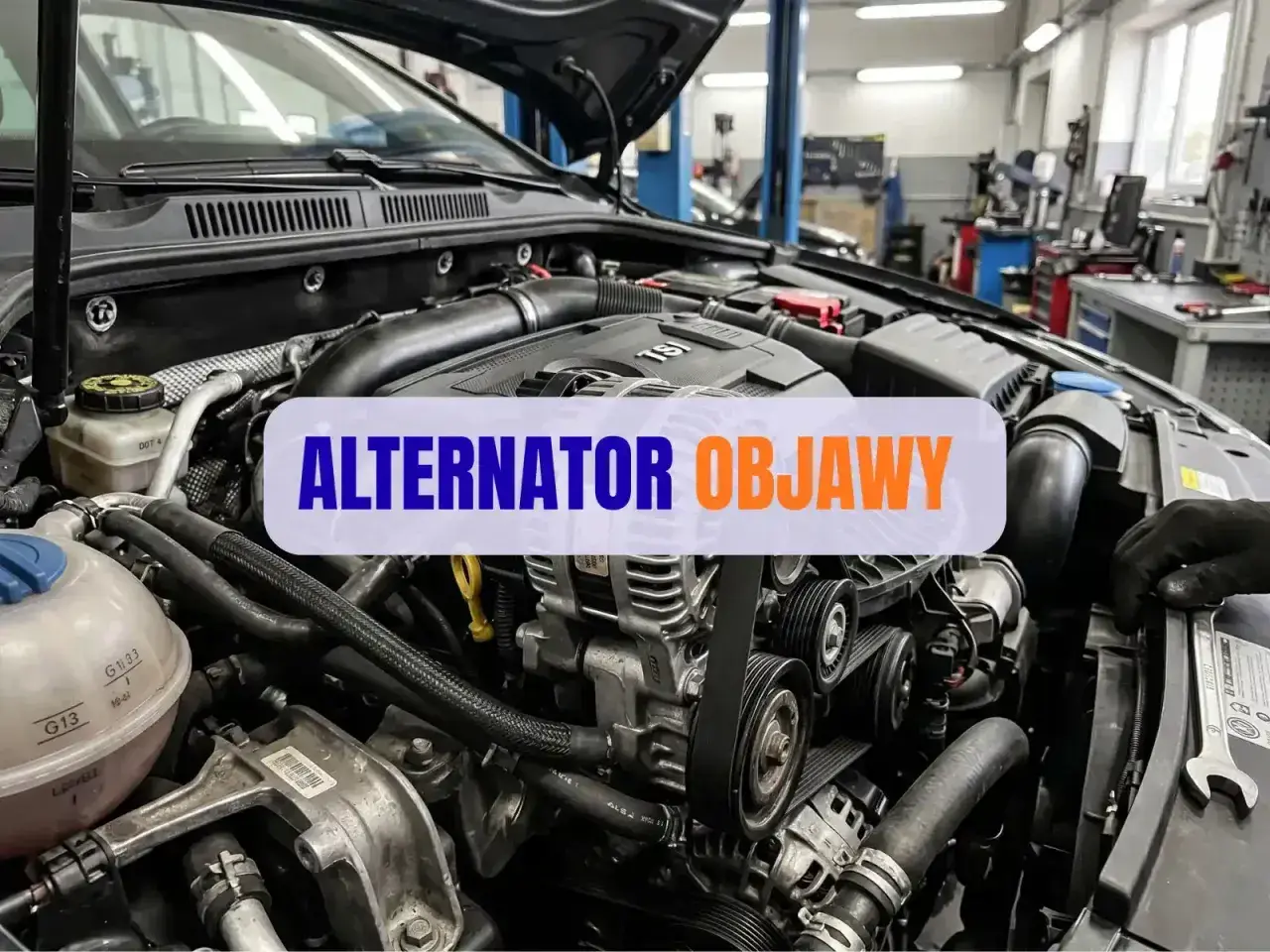Silnik samochodowy z widocznym alternatorem. Napis "ALTERNATOR OBJAWY" sugeruje problemy z tym elementem. Stojan jest kluczowy dla jego działania.