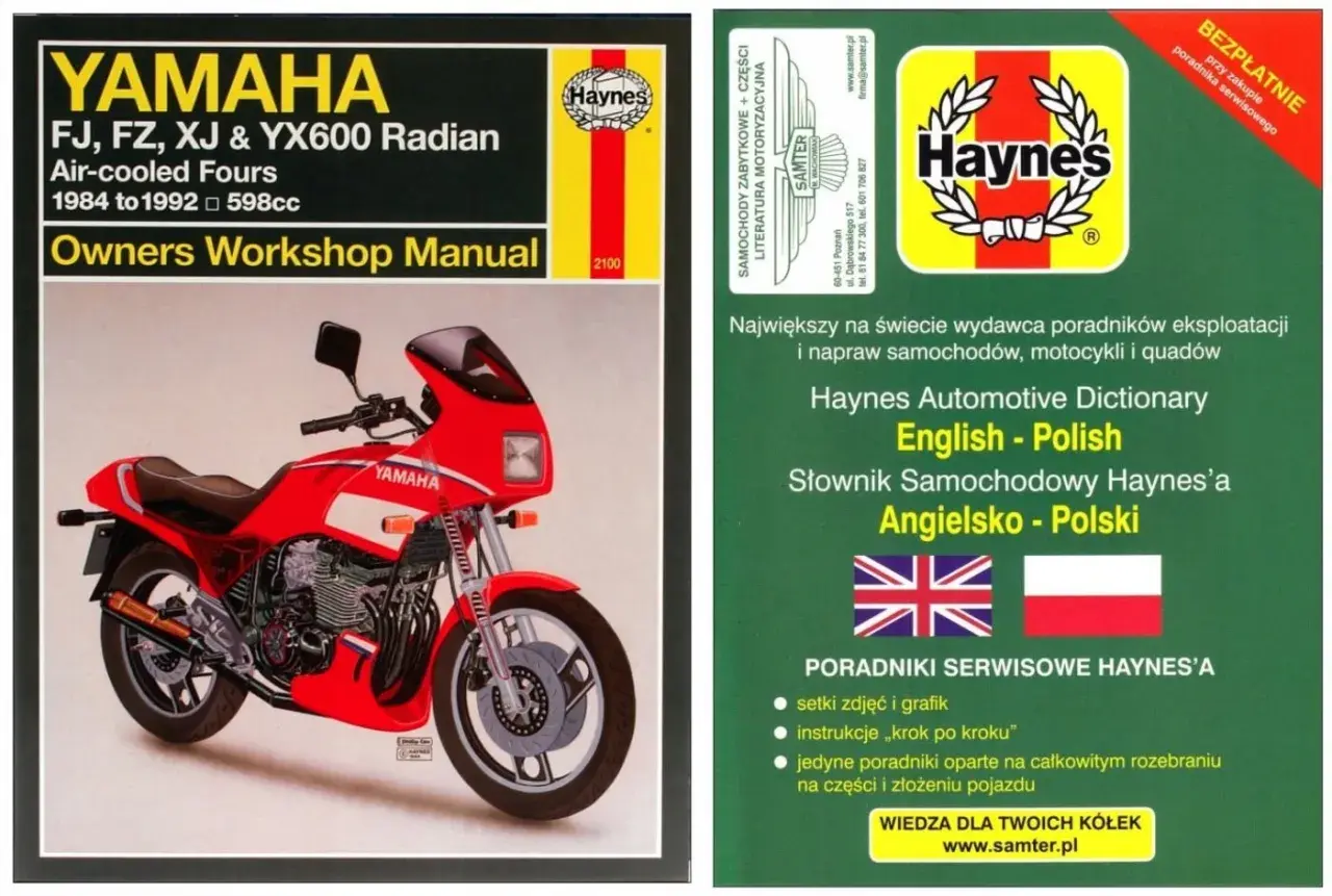 Okładka poradnika Haynes dla motocykli Yamaha FZ6, z czerwoną maszyną i słownikiem angielsko-polskim.