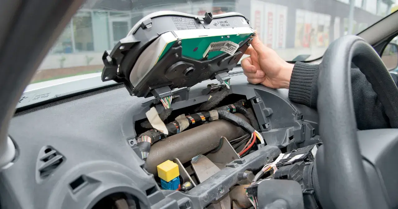 Ręka majstruje przy desce rozdzielczej samochodu, przygotowując się do wymiany żarówki. Widoczne przewody i elementy mechanizmu.