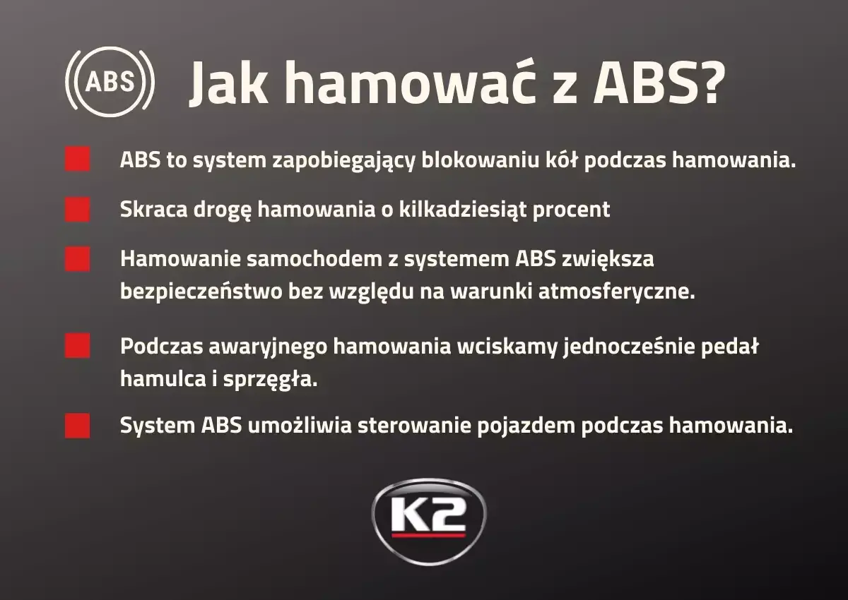 Jak hamować z ABS? System zapobiega blokowaniu kół, skraca drogę hamowania i zwiększa bezpieczeństwo. W awaryjnym hamowaniu wciskaj pedał hamulca i sprzęgła.