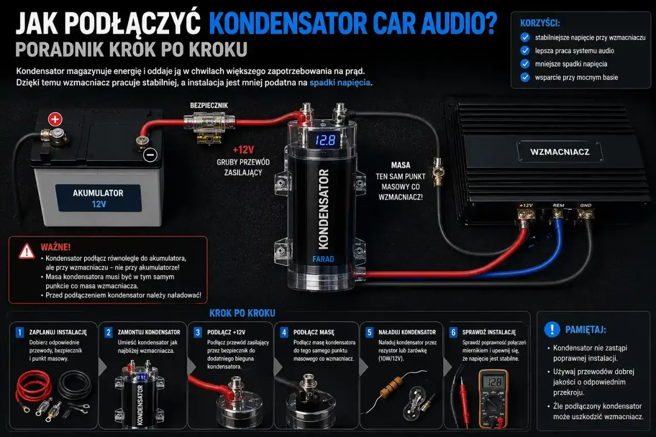 Schemat podłączenia kondensatora car audio. Pokazuje połączenie akumulatora, bezpiecznika, kondensatora i wzmacniacza.