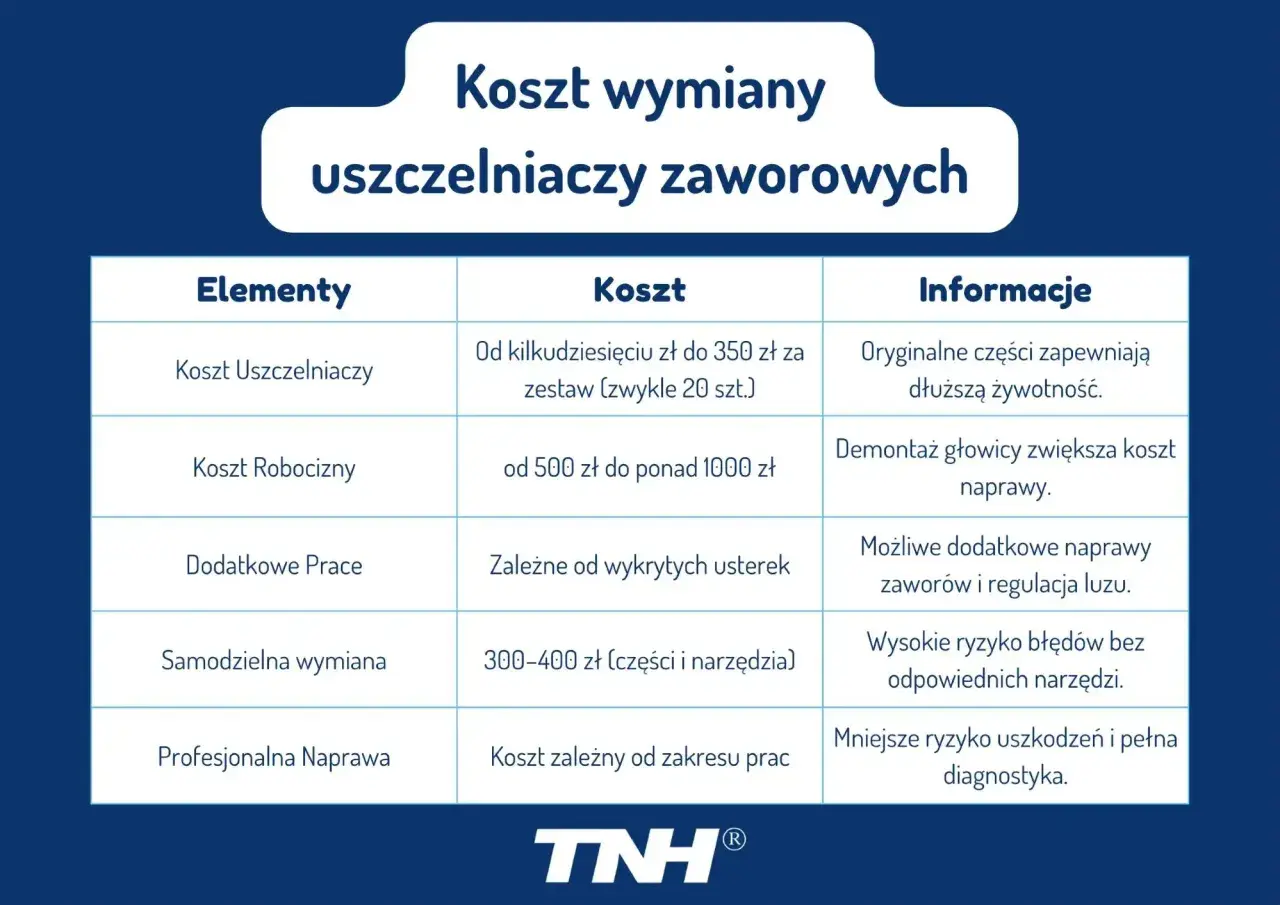 Tabela przedstawia koszt wymiany uszczelniaczy zaworowych, podając ceny części, robocizny i dodatkowych prac. Objawy uszkodzonych uszczelniaczy mogą prowadzić do takich kosztów.
