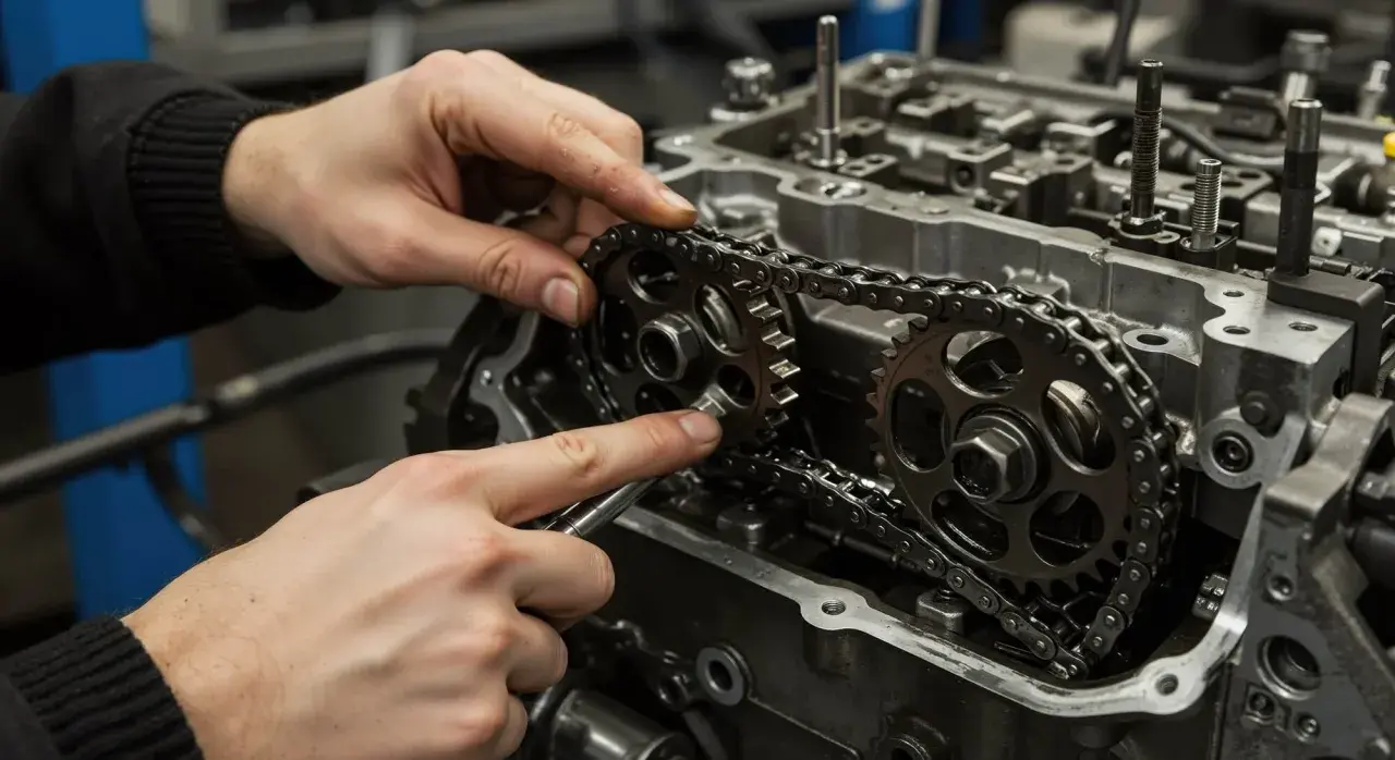 Mechanik precyzyjnie montuje łańcuch rozrządu. Sprawdź, jaka jest wymiana rozrządu cena i zadbaj o swój silnik.