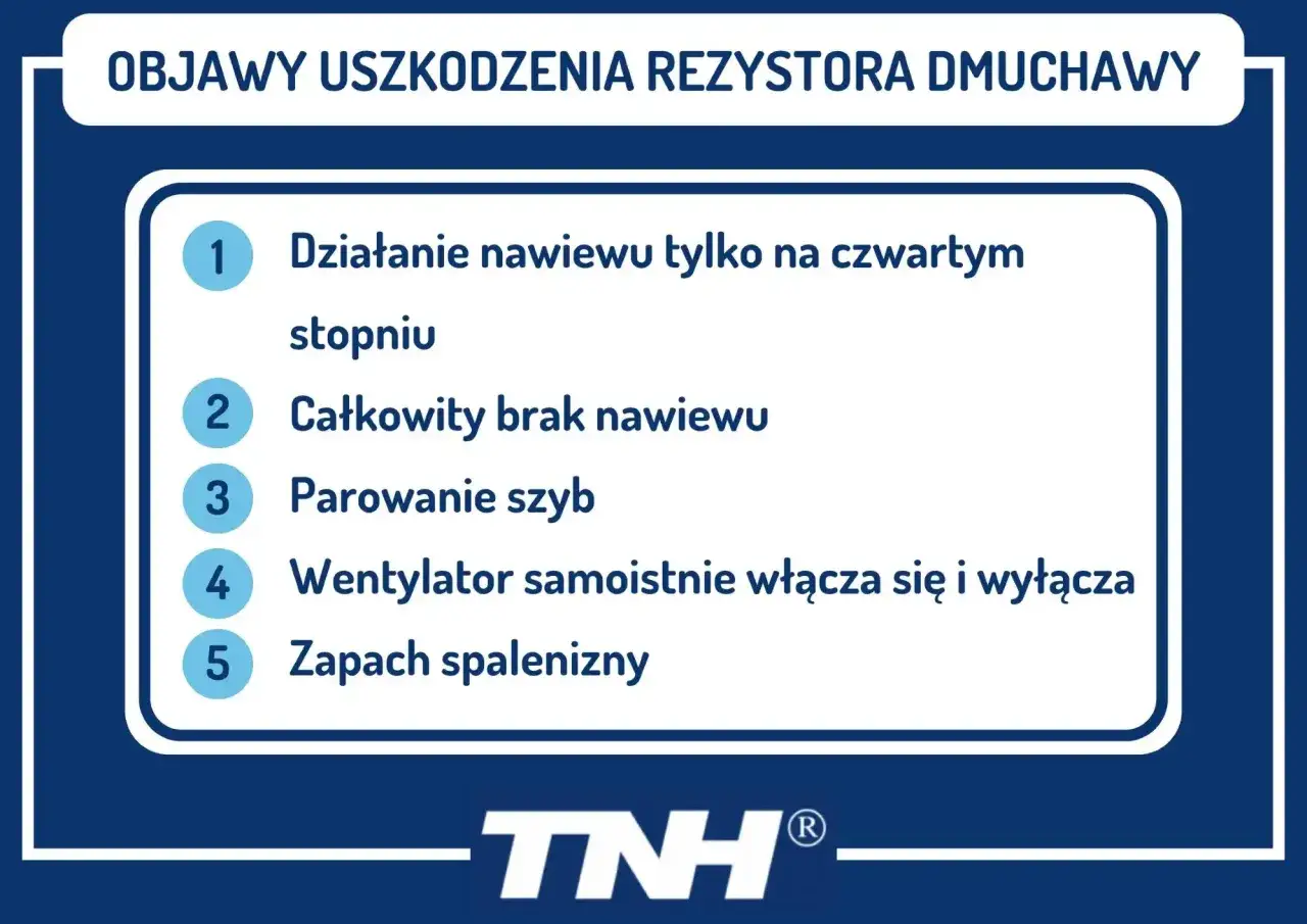 Objawy uszkodzenia rezystora dmuchawy: nawiew tylko na czwartym stopniu, brak nawiewu, parowanie szyb, wentylator włącza się i wyłącza, zapach spalenizny.