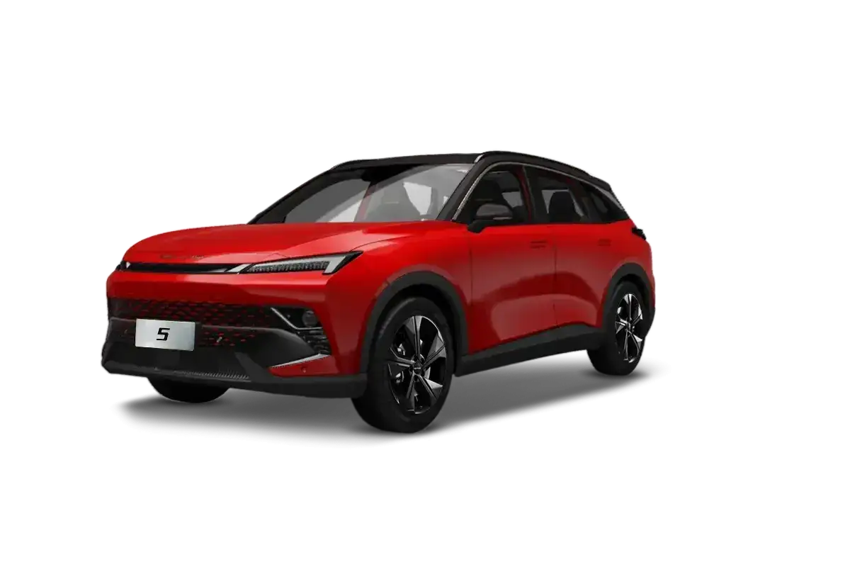 Czerwony SUV z czarnym dachem, z przodu widoczny symbol 