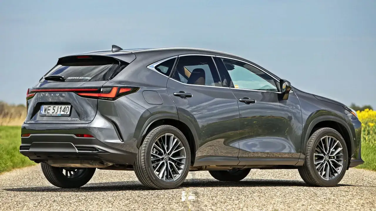 Szary Lexus NX 450h+ na drodze, w tle pola rzepaku. Sprawdź aktualną lexus nx 450h+ cena.