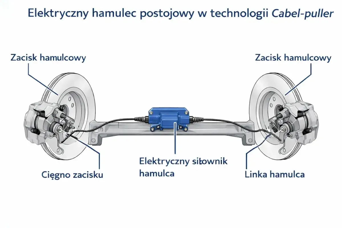 Schemat elektrycznego hamulca postojowego z siłownikiem i linkami. System auto hold zapewnia bezpieczeństwo.