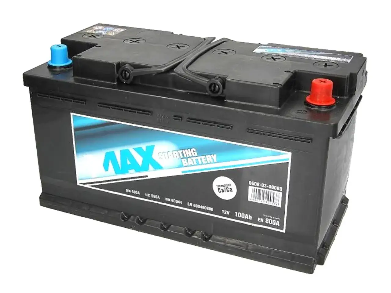 Czarny akumulator samochodowy MAX Starting Battery 12V 100Ah EN 800A.