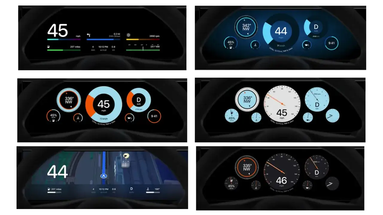 Różne wizualizacje deski rozdzielczej samochodu, pokazujące prędkość, nawigację i inne dane. To jest właśnie co to jest CarPlay – cyfrowy kokpit.