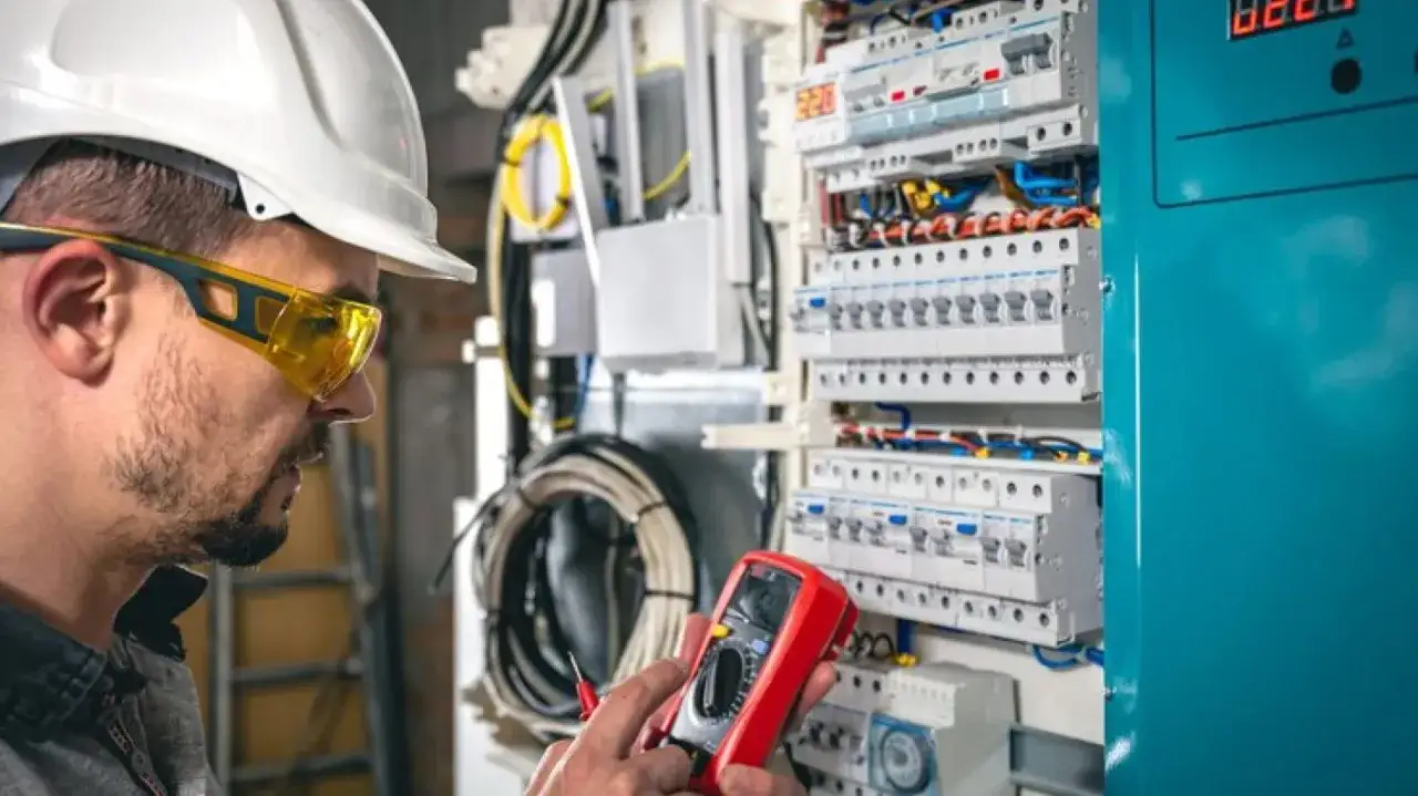 Elektryk w okularach ochronnych wykonuje przegląd instalacji elektrycznej, używając multimetru do sprawdzenia obwodów.