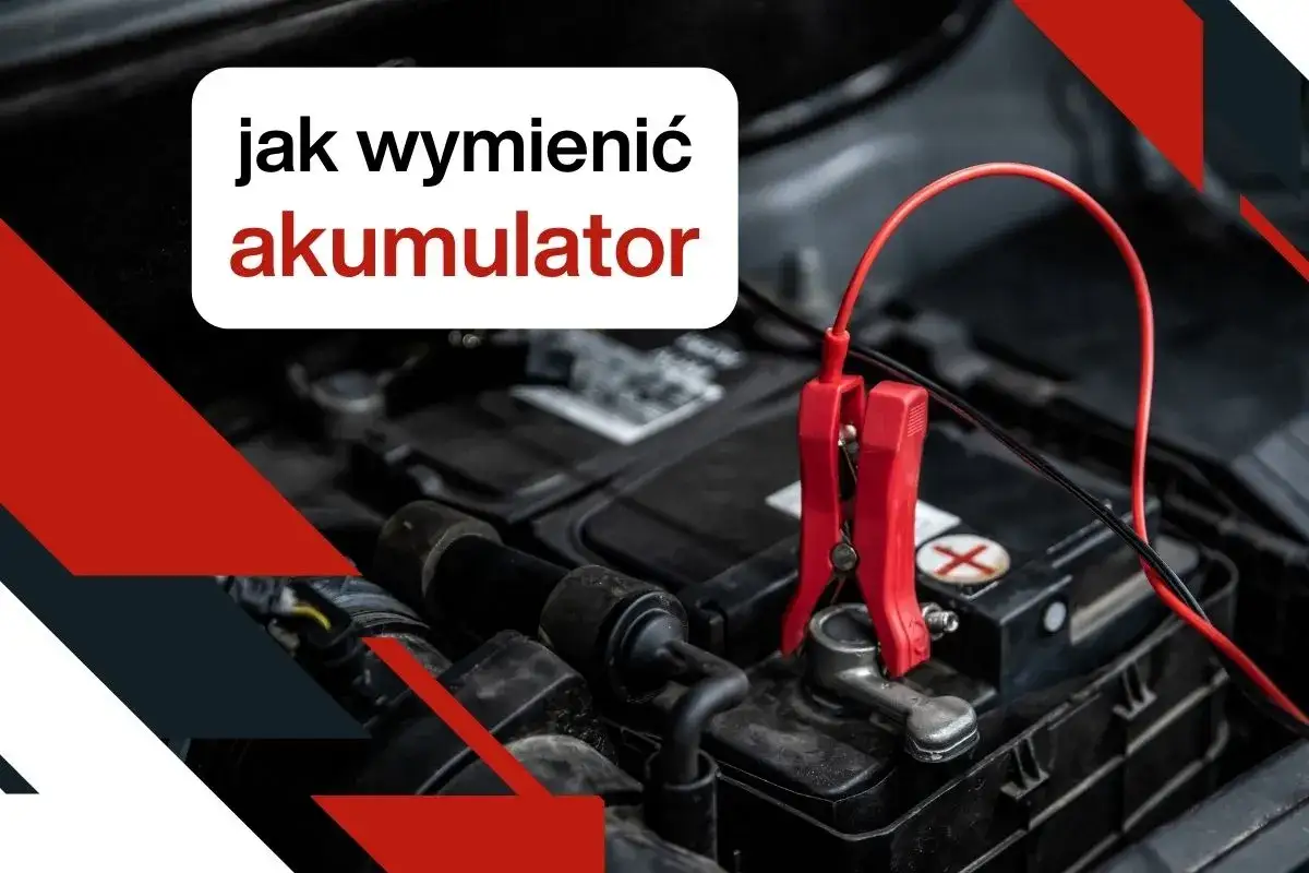 Instrukcja jak wymienić akumulator w samochodzie. Czerwony kabel z klemą podłączony do bieguna akumulatora.