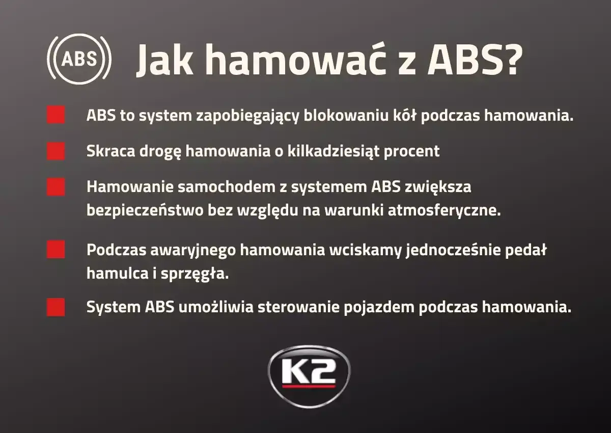 Jak hamować z ABS? System zapobiega blokowaniu kół, skraca drogę hamowania i zwiększa bezpieczeństwo. Podczas awaryjnego hamowania wciskaj pedał hamulca i sprzęgła. ABS umożliwia sterowanie pojazdem.