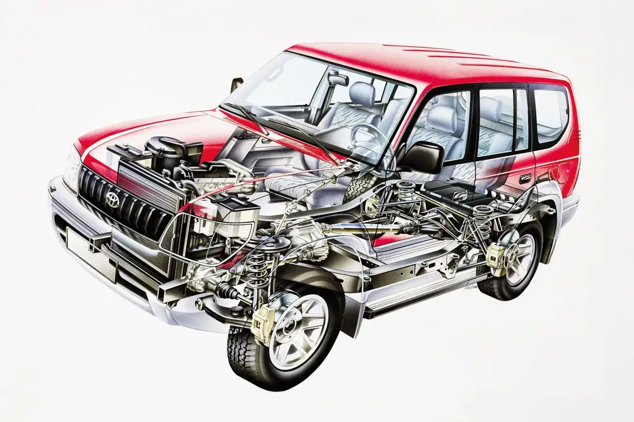 Przekrój czerwonego Toyota Land Cruiser Prado ukazujący silnik, wnętrze i podwozie.