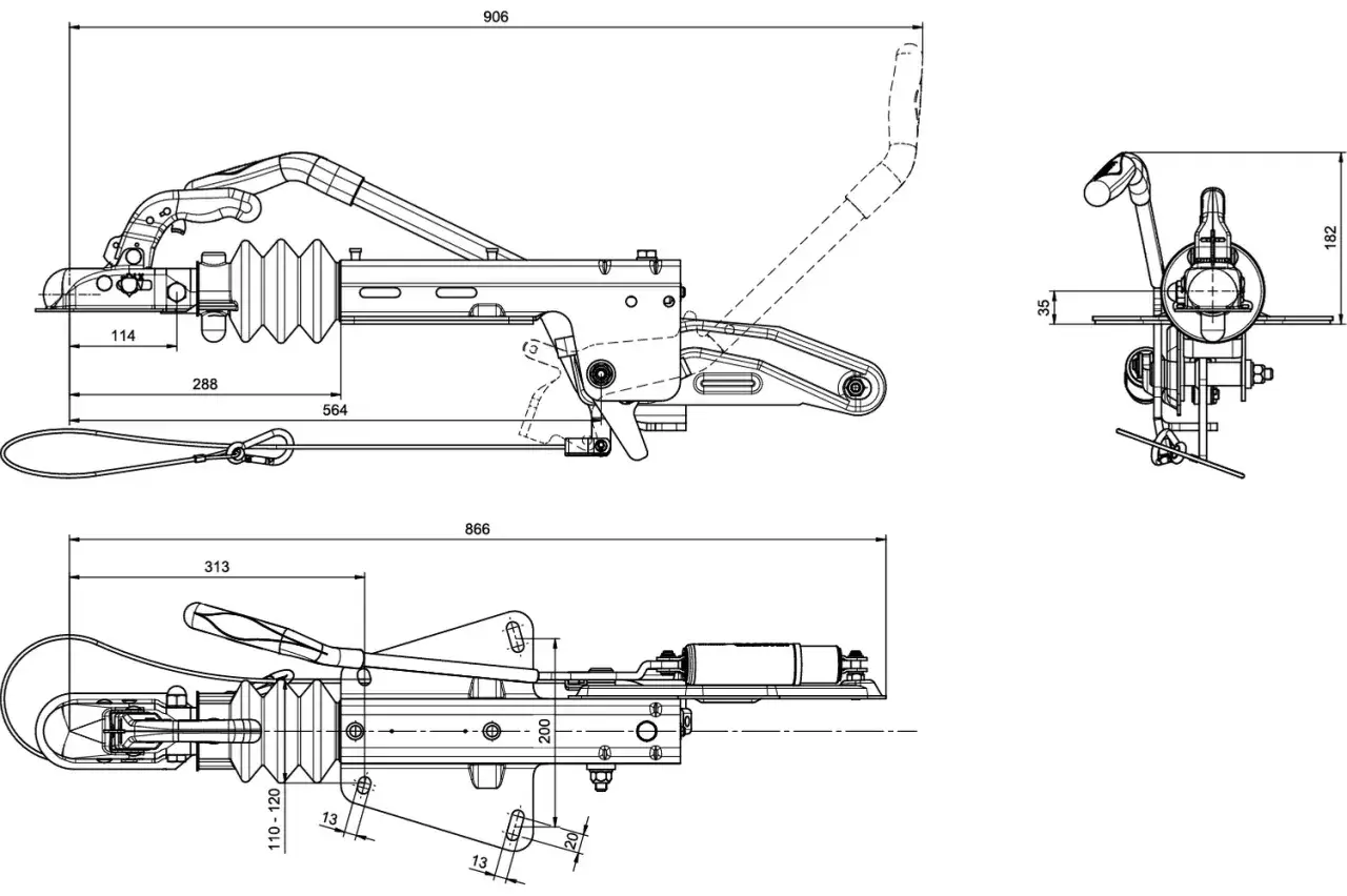 Rysunek techniczny hamulca najazdowego z wymiarami. Mechanizm z dyszlem i osłoną gumową.