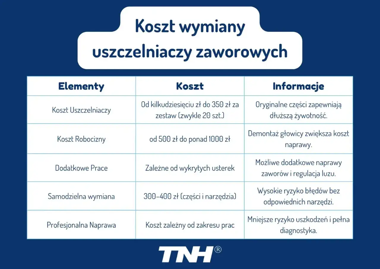 Tabela przedstawia koszt wymiany uszczelniaczy zaworowych, uwzględniając części, robociznę i dodatkowe prace. Objawy uszkodzonych uszczelniaczy mogą prowadzić do takich kosztów.