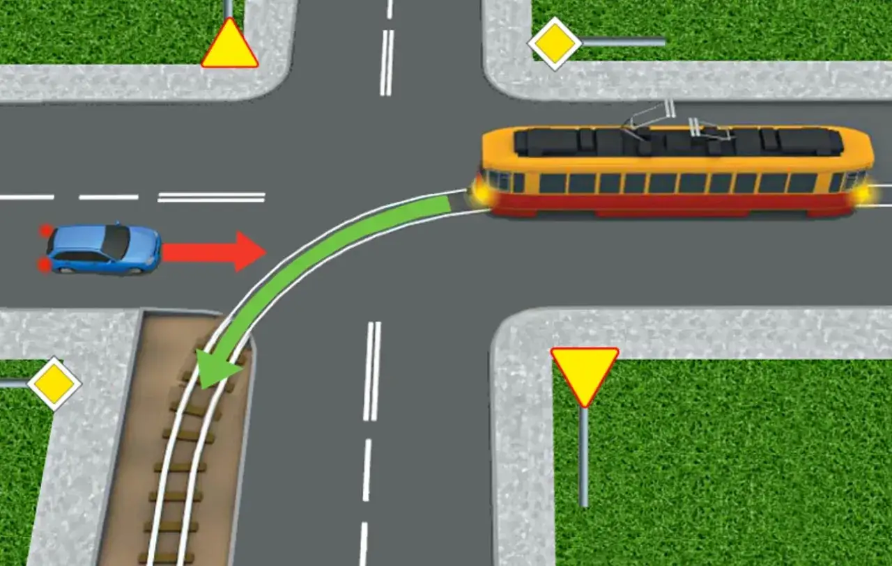 Niebieski samochód ustępuje pierwszeństwa tramwajowi, który ma pierwszeństwo na skrzyżowaniu. Zielona linia pokazuje tor jazdy tramwaju.