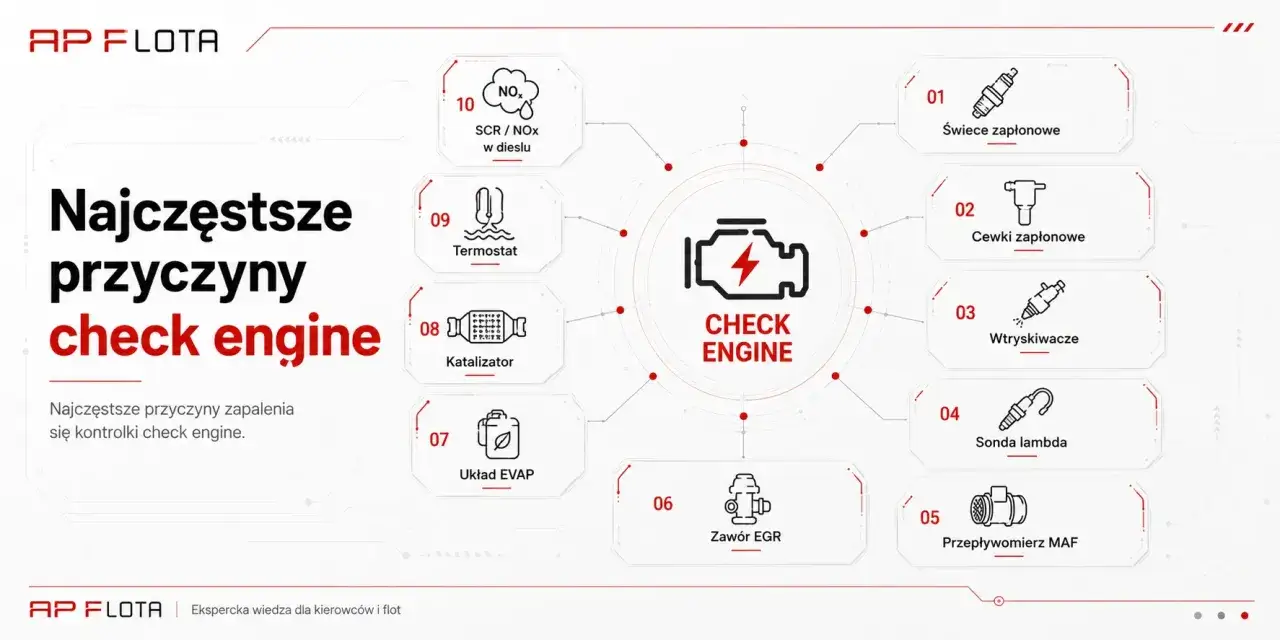 Najczęstsze przyczyny zapalenia kontrolki check engine: świece, cewki, wtryskiwacze, sonda lambda, przepływomierz MAF, zawór EGR, układ EVAP, katalizator, termostat, SCR/NOx. Poznaj kody błędów.